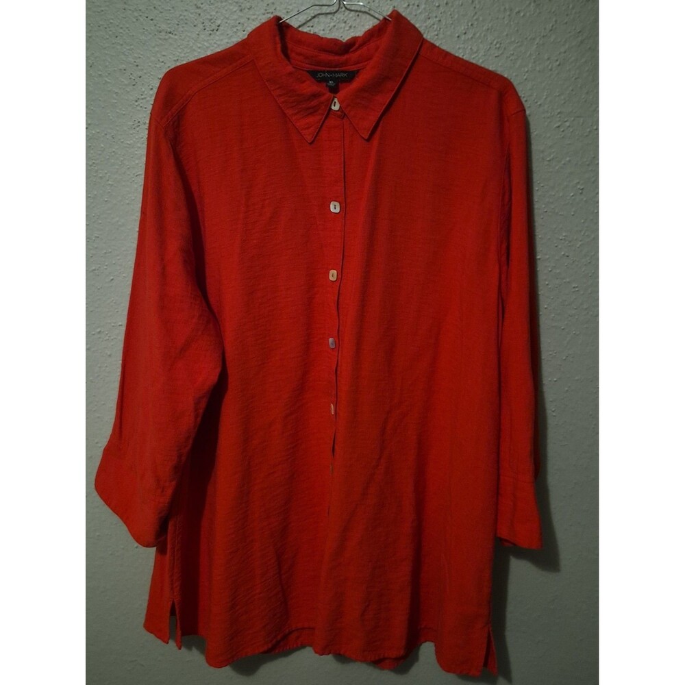 John Mark XL Red Button Front Tunic Blouse Sleeve Artsy lagenlook Holiday